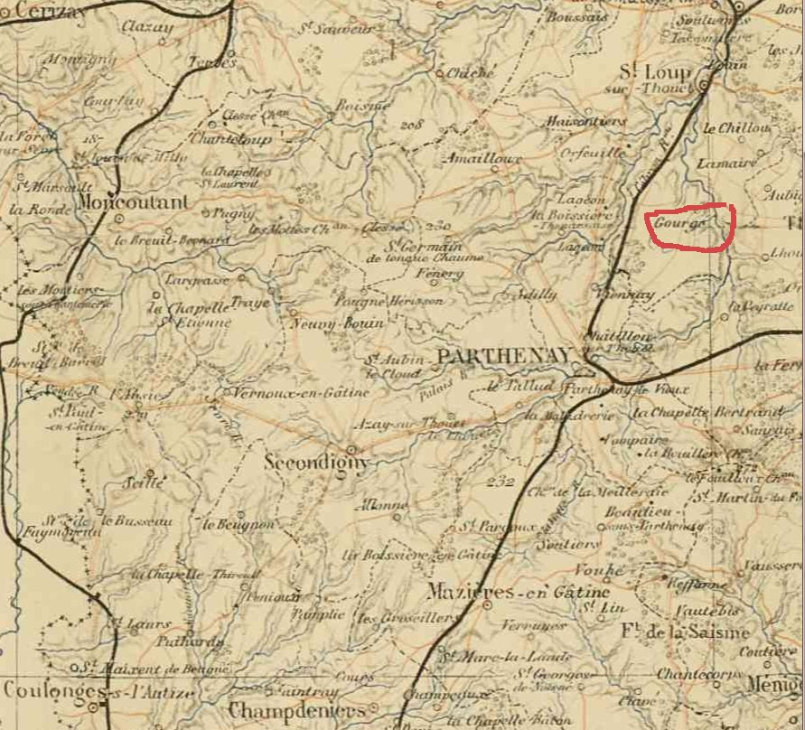 Map showing location of Gourgé in Deux-Sèvres, Poitou-Charentes region of France 